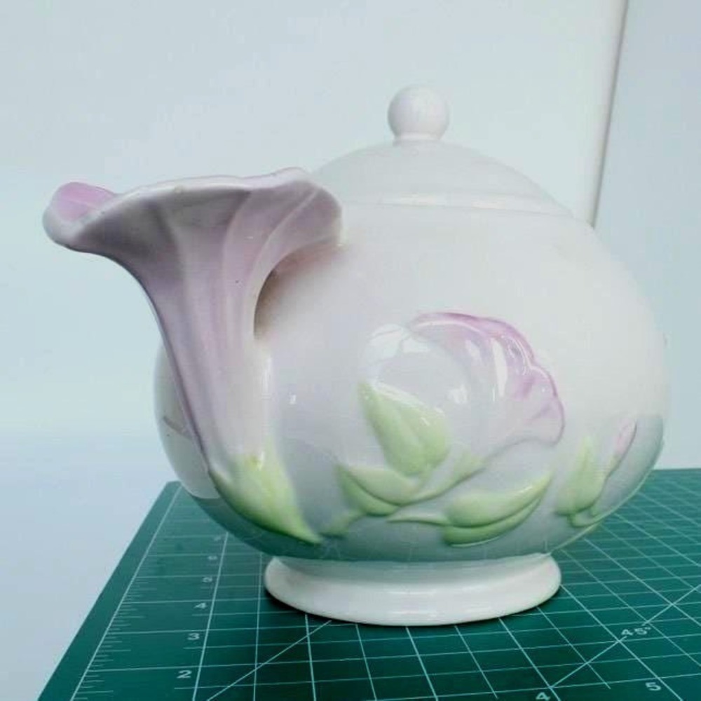 Vintage Morning Glory Embossed Ceramic Teapot Flower Spout White Pink Green 6in